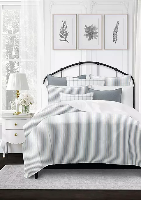 6ix Tailors Fine Linens Basic Ticking Stripes Blue Fog Twin Comforter & 1 Sham Set 3 6ix Tailors Fine Linens Basic Ticking Stripes Blue Fog Twin Comforter & 1 Sham Set
