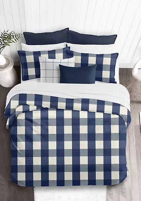 6ix Tailors Fine Linens Basic Check Blue Full/Double Comforter & 2 Shams Set 4 6ix Tailors Fine Linens Basic Check Blue Full/Double Comforter & 2 Shams Set - Image 2